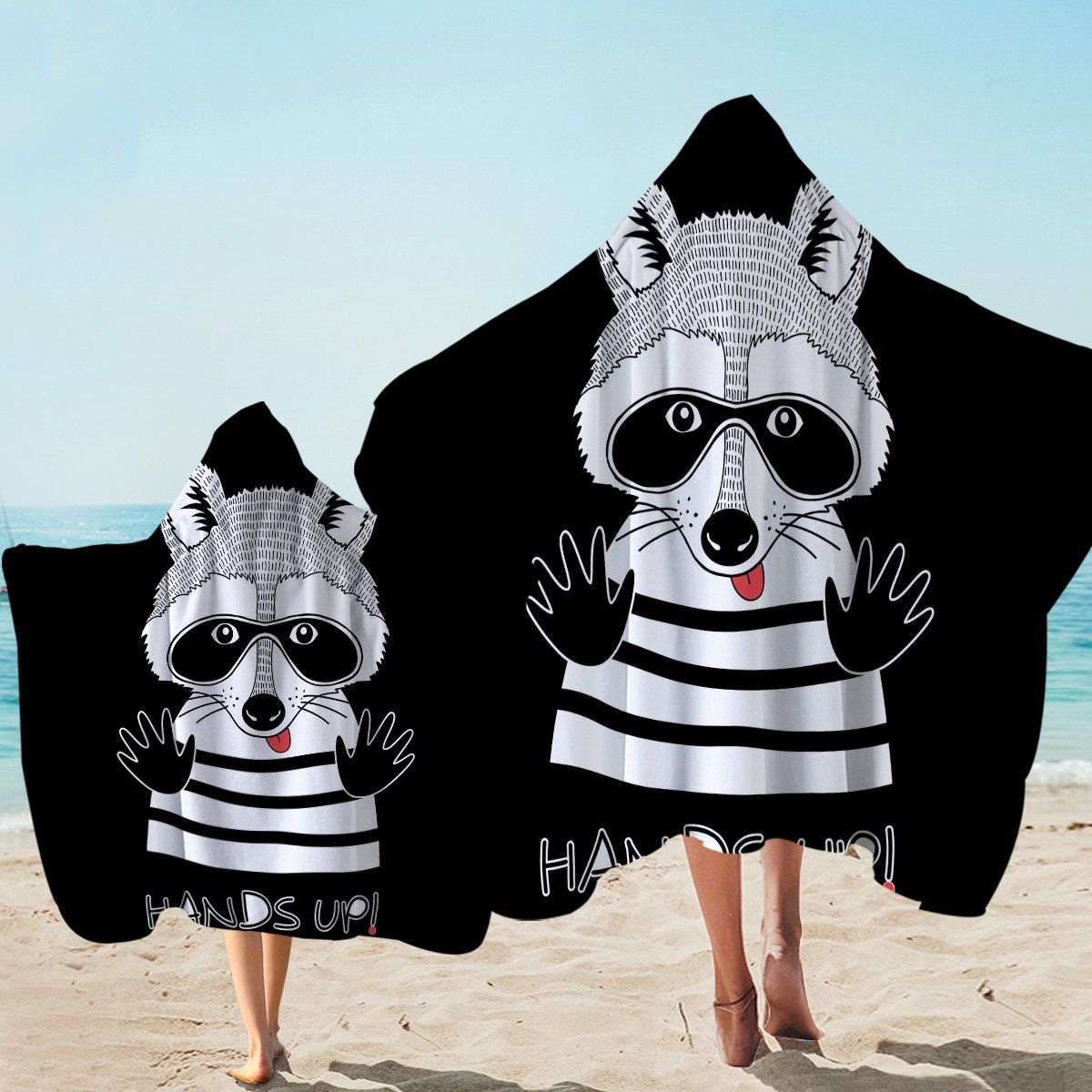 Hands Up Racoon On Black Printed Hooded Towel