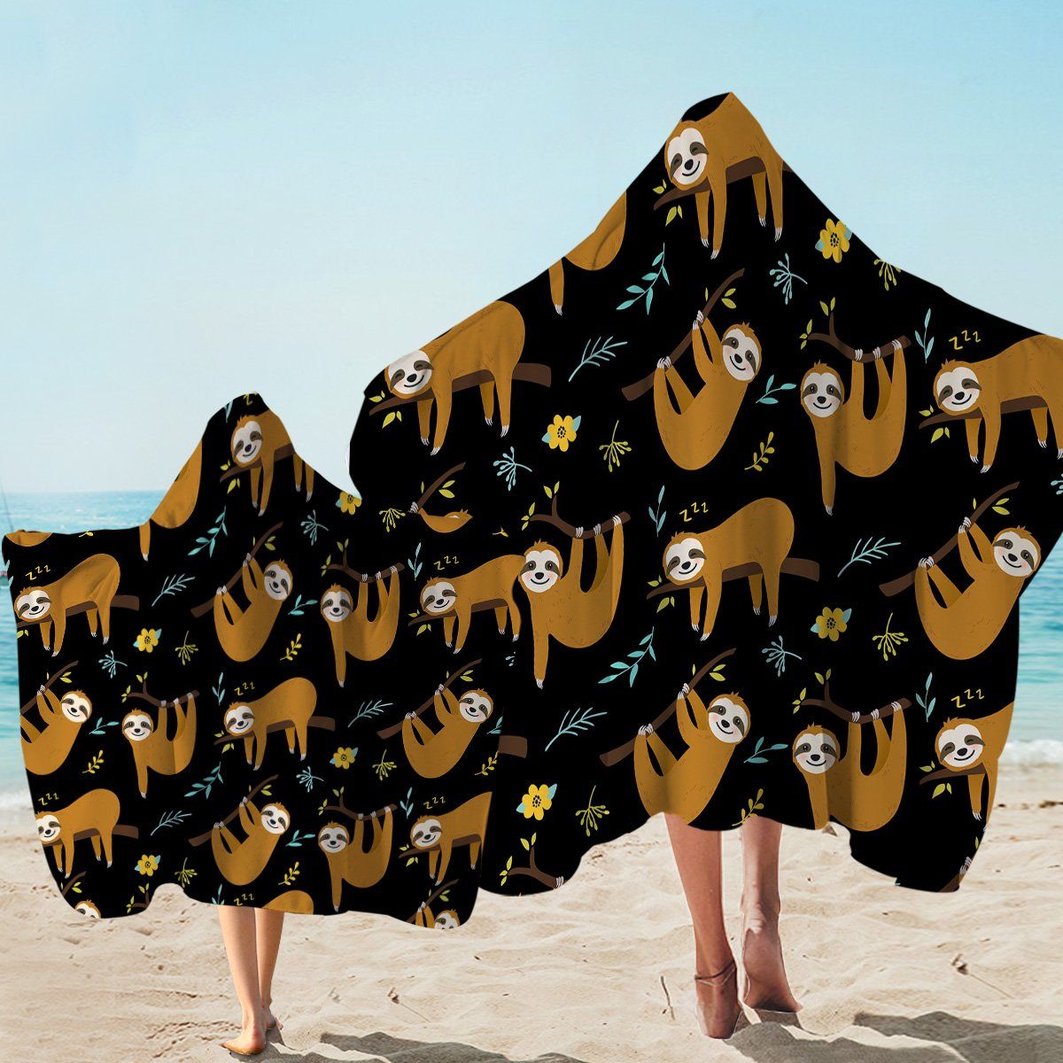 Hanging Brown Sloths Pattern Printed Hooded Towel