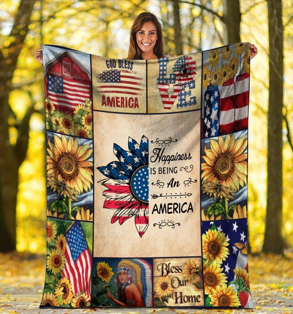 Happiness Is Being An America American Flag Sunflower Fleece Blanket