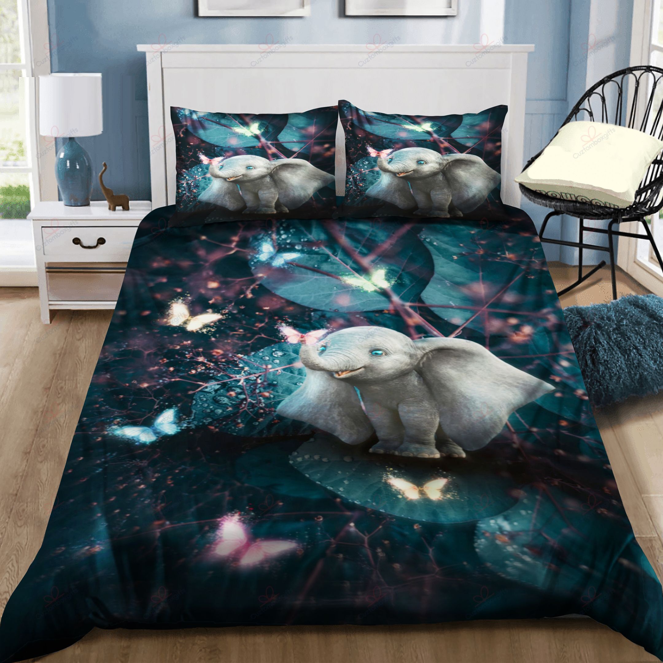 Happy Baby Elephant With Butterflies GS Bedding Set