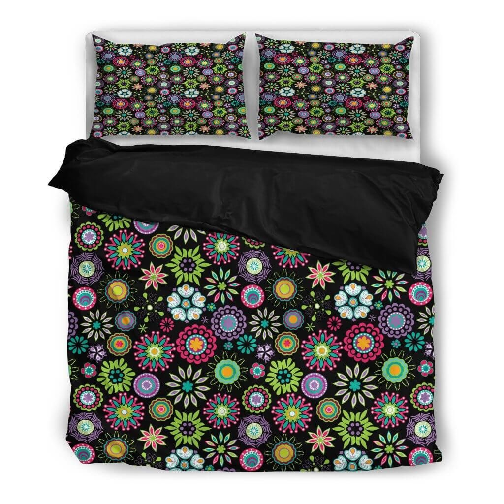 Happy Flowers Black Background Bedding Set