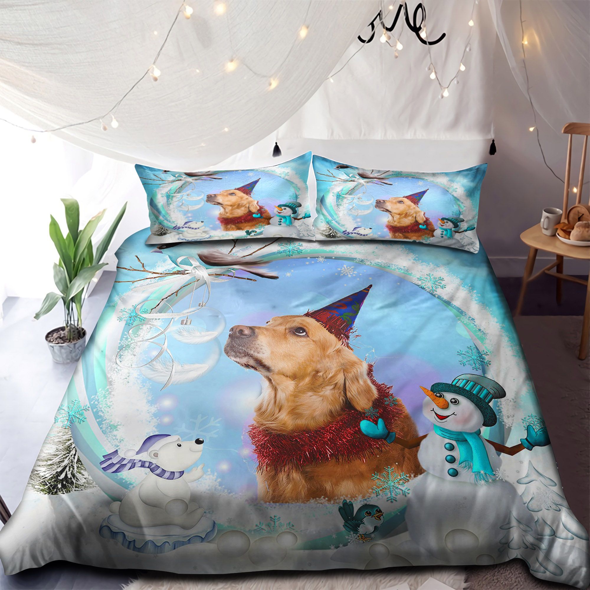 Happy Golden Retriever Merry Christmas Bedding Set
