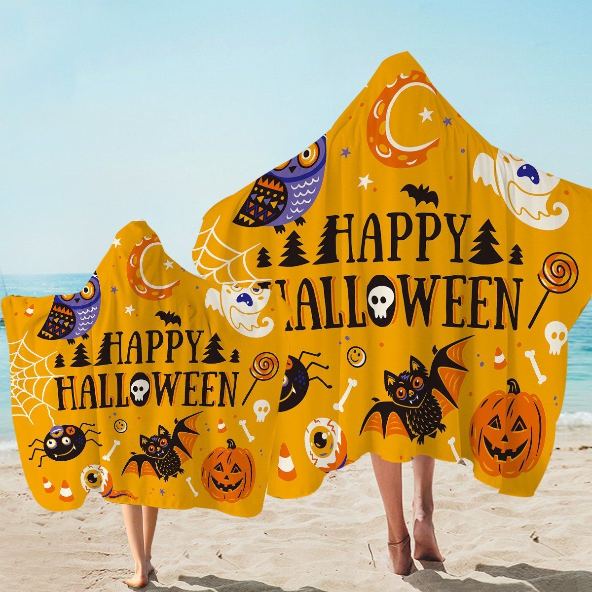 Happy Halloween Yellow Bat And Pumpkin Printed Hooded Towel