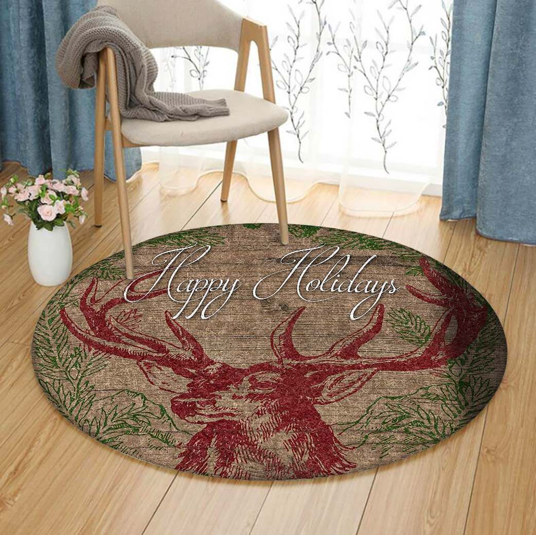 Happy Holidays Deer Round Carpet
