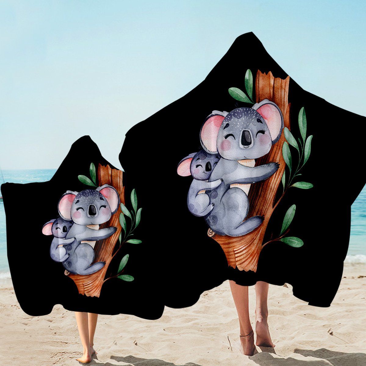 Happy Koalas Mom And Baby Printed Hooded Towel
