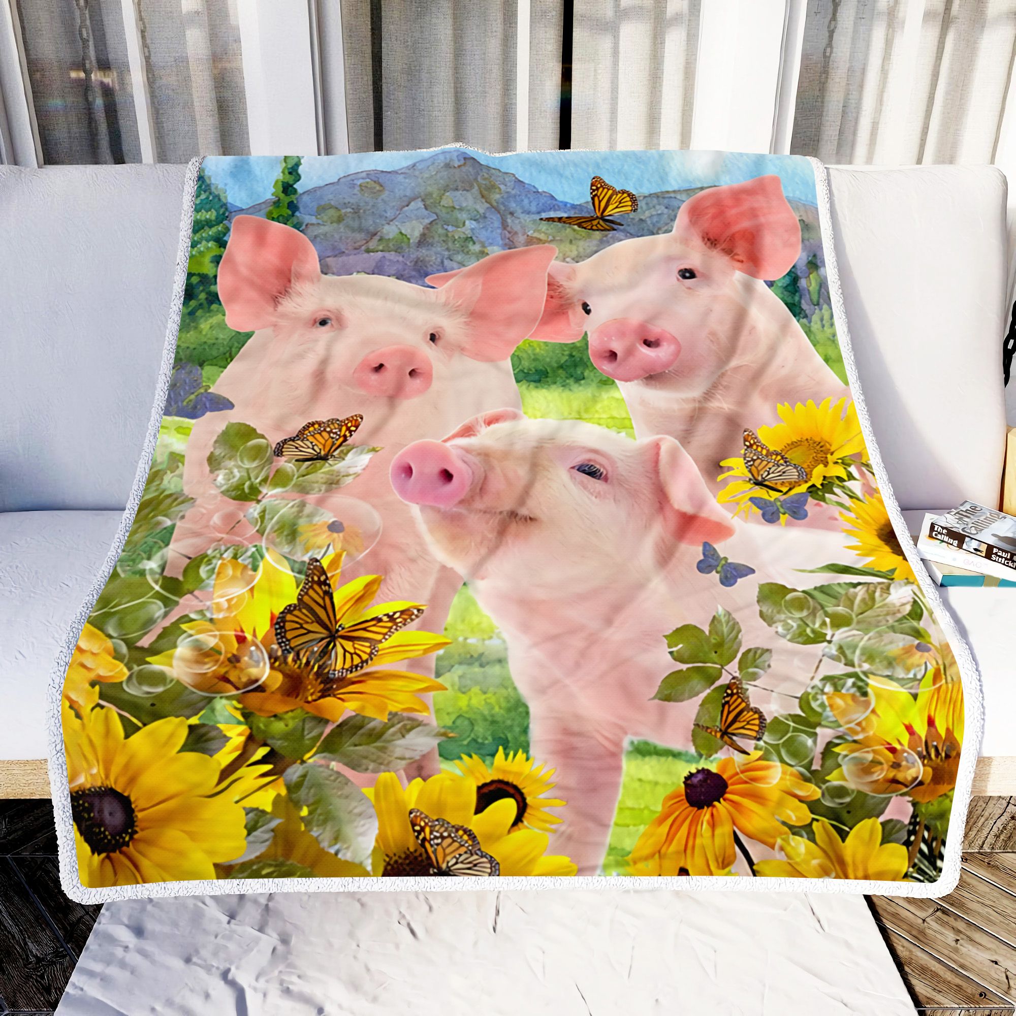 Happy Pig With Sunflowers Fleece Blanket