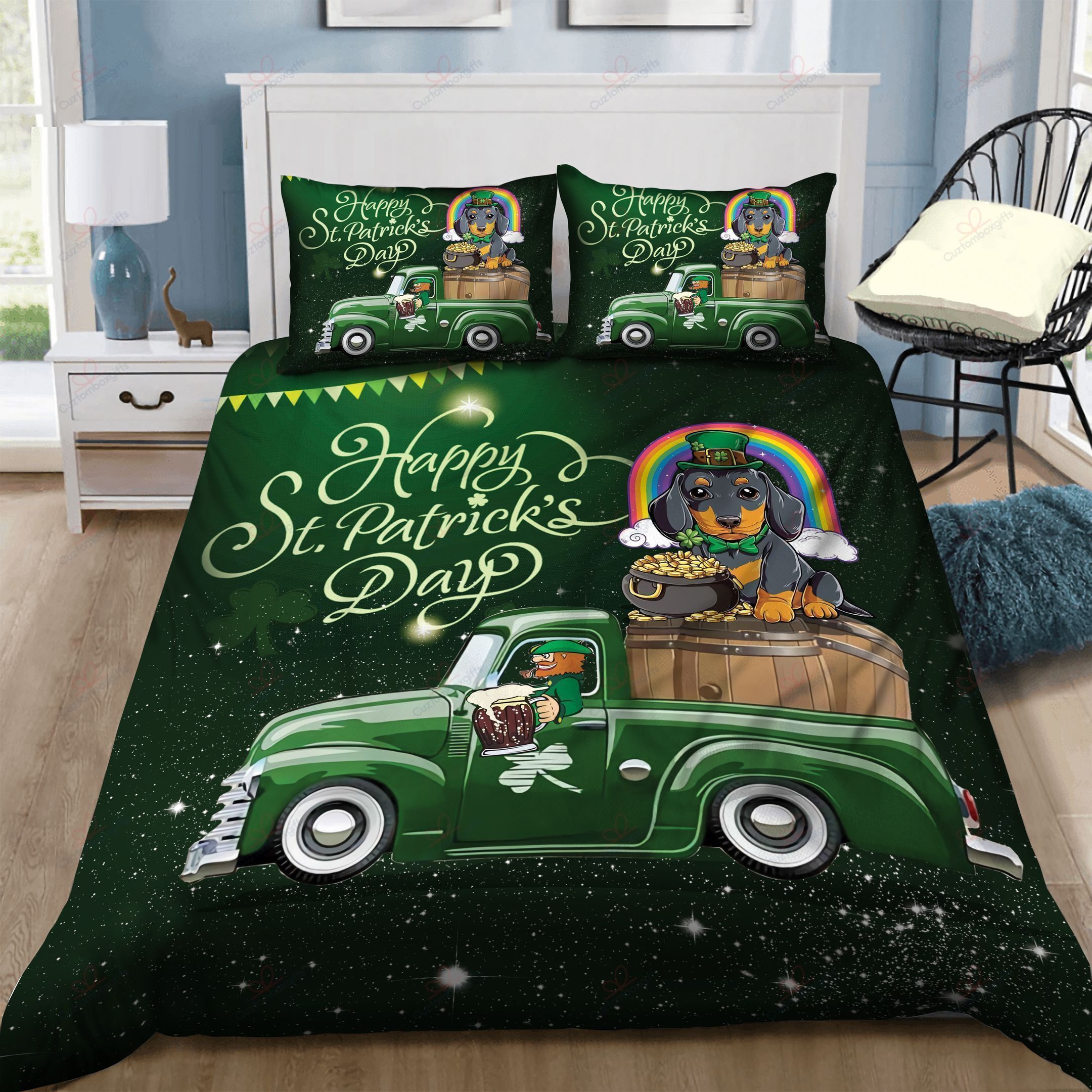 Happy St Patrick’s Day Green Car With Dachshund Bedding Set