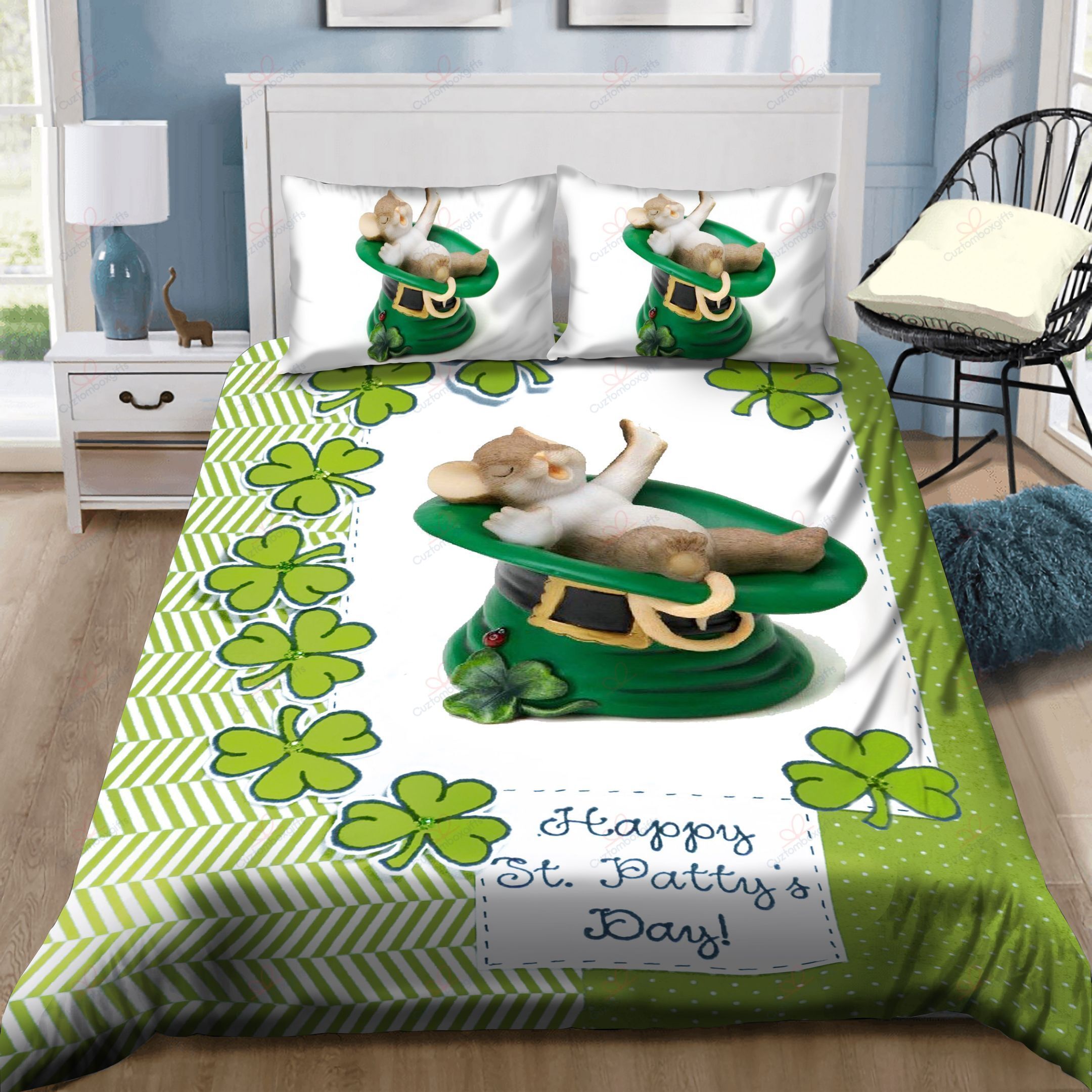 Happy St Patty Day Cute Sleepy Mouse St Patrick’s Day Bedding Set