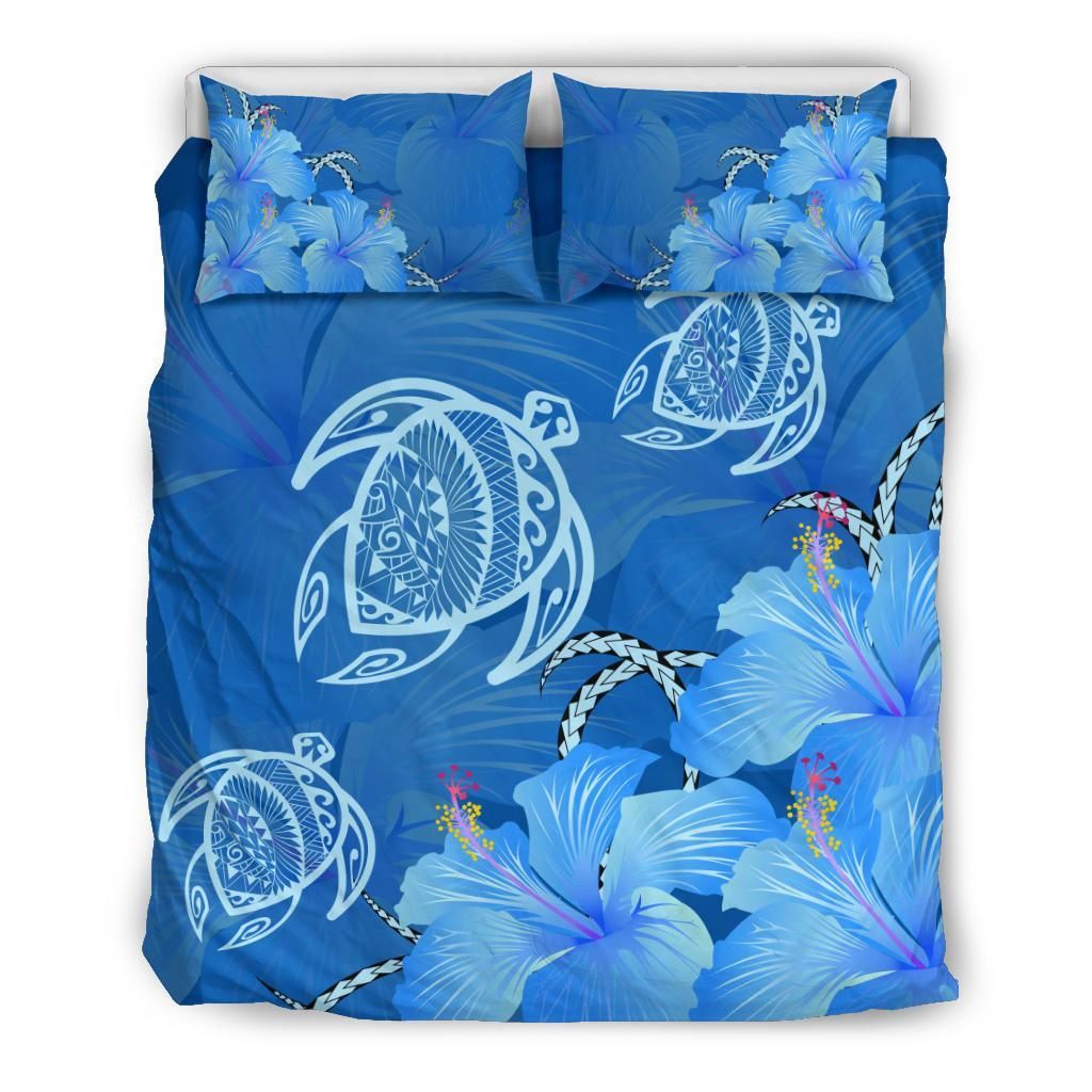 Hawaii Blue Hibiscus Turtle Polynesian Leaf Bedding Set