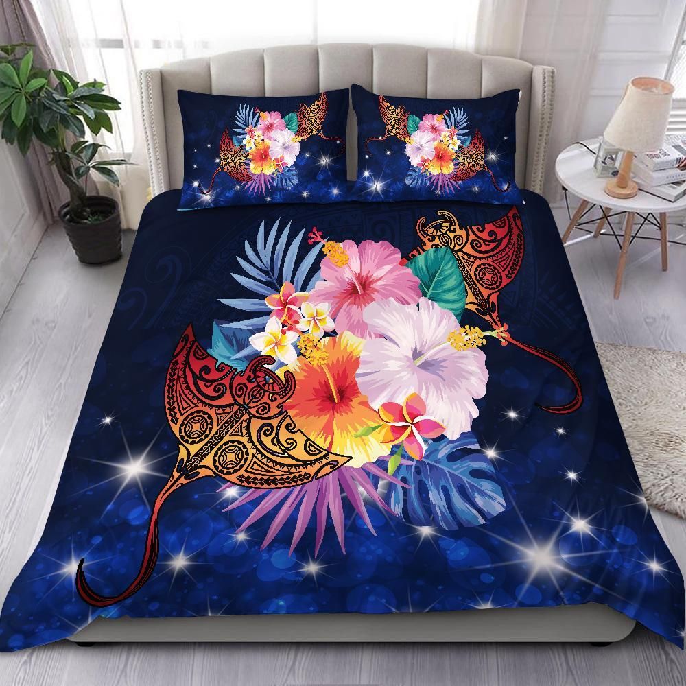 Hawaii Couple Manta Plumeria Hibiscus Tropical Polynesian Bling Style Bedding Set