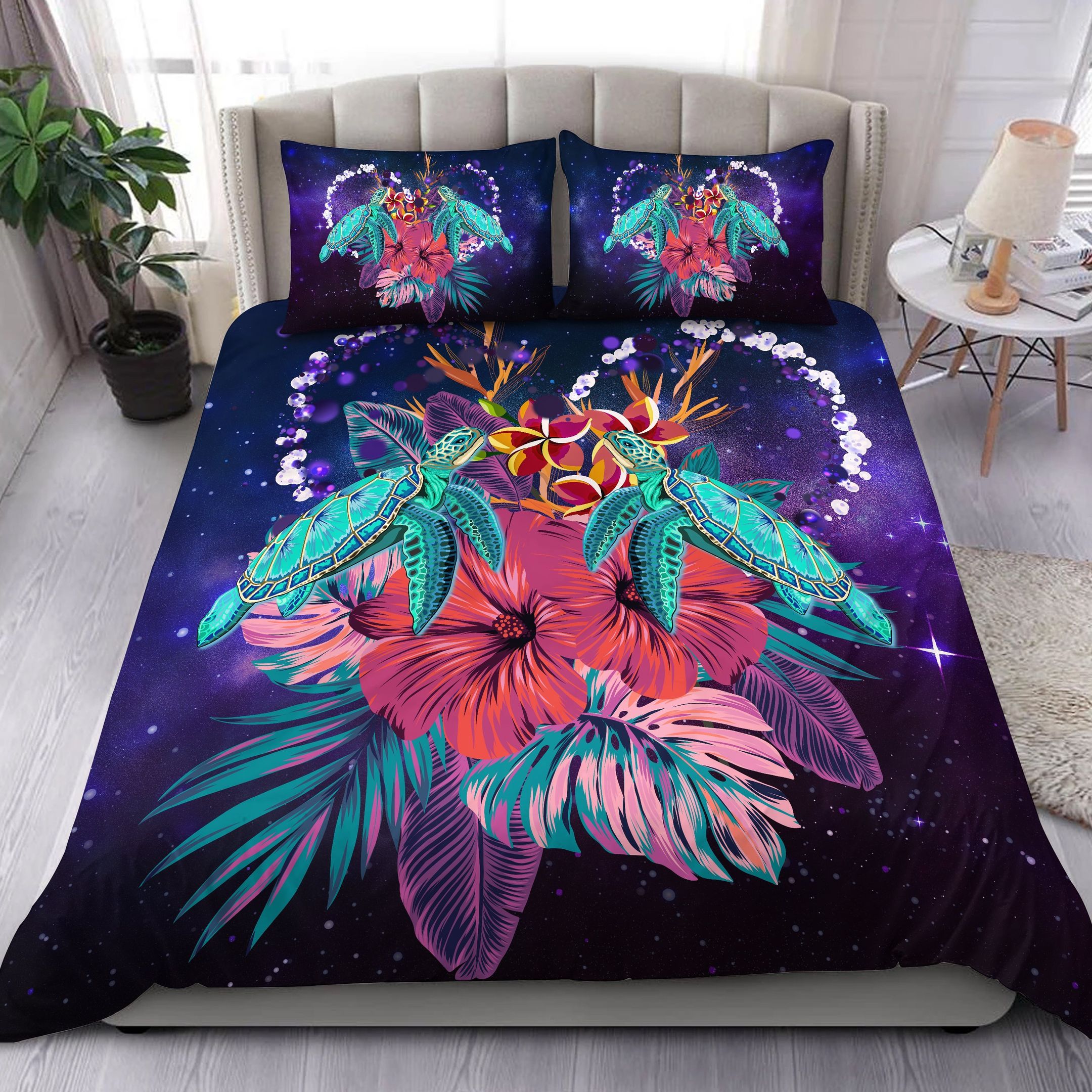 Hawaii Couple Turtle Hibiscus Tropical Huxley Style Bedding Set