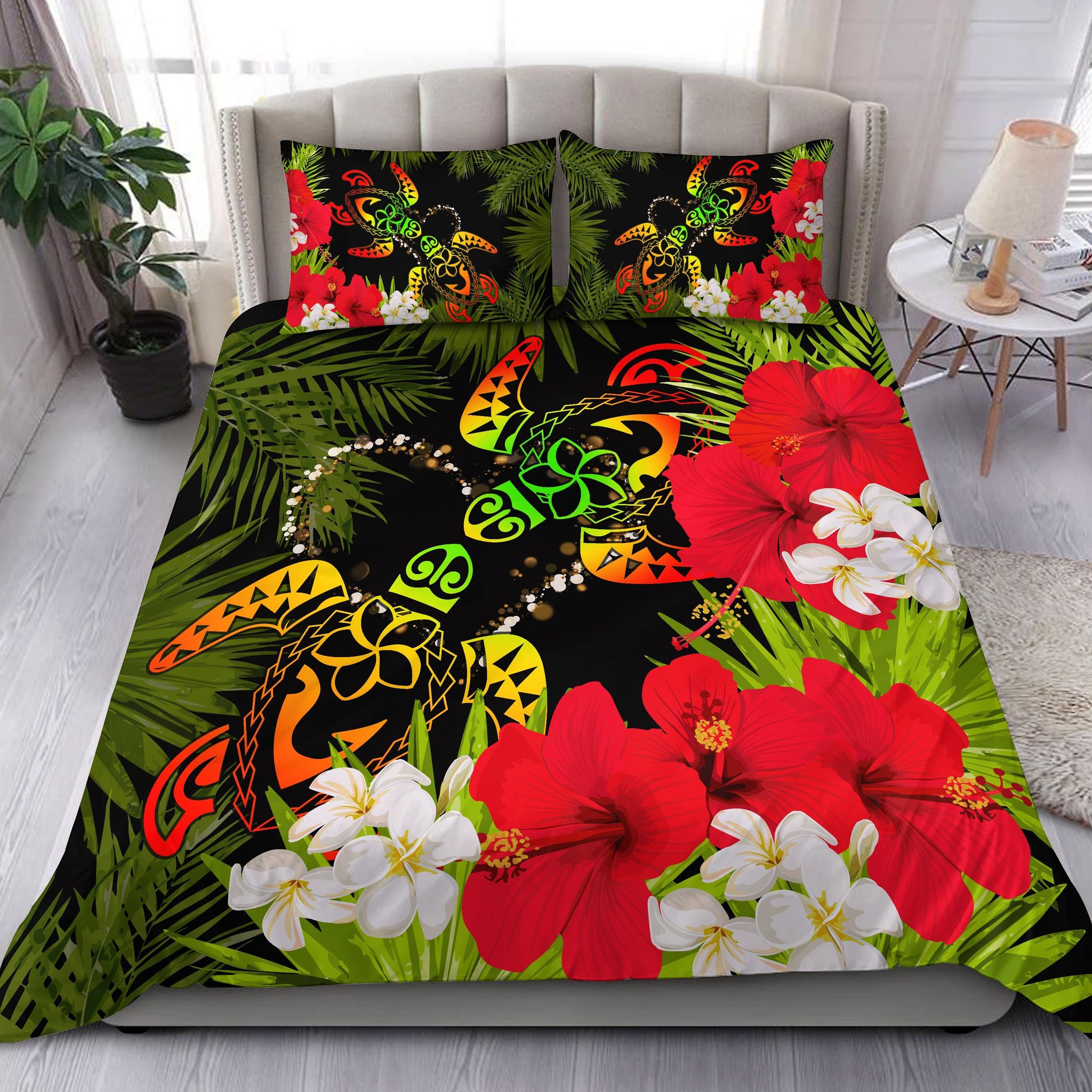 Hawaii Couple Turtle Hibiscus Tropical Valentine Bedding Set