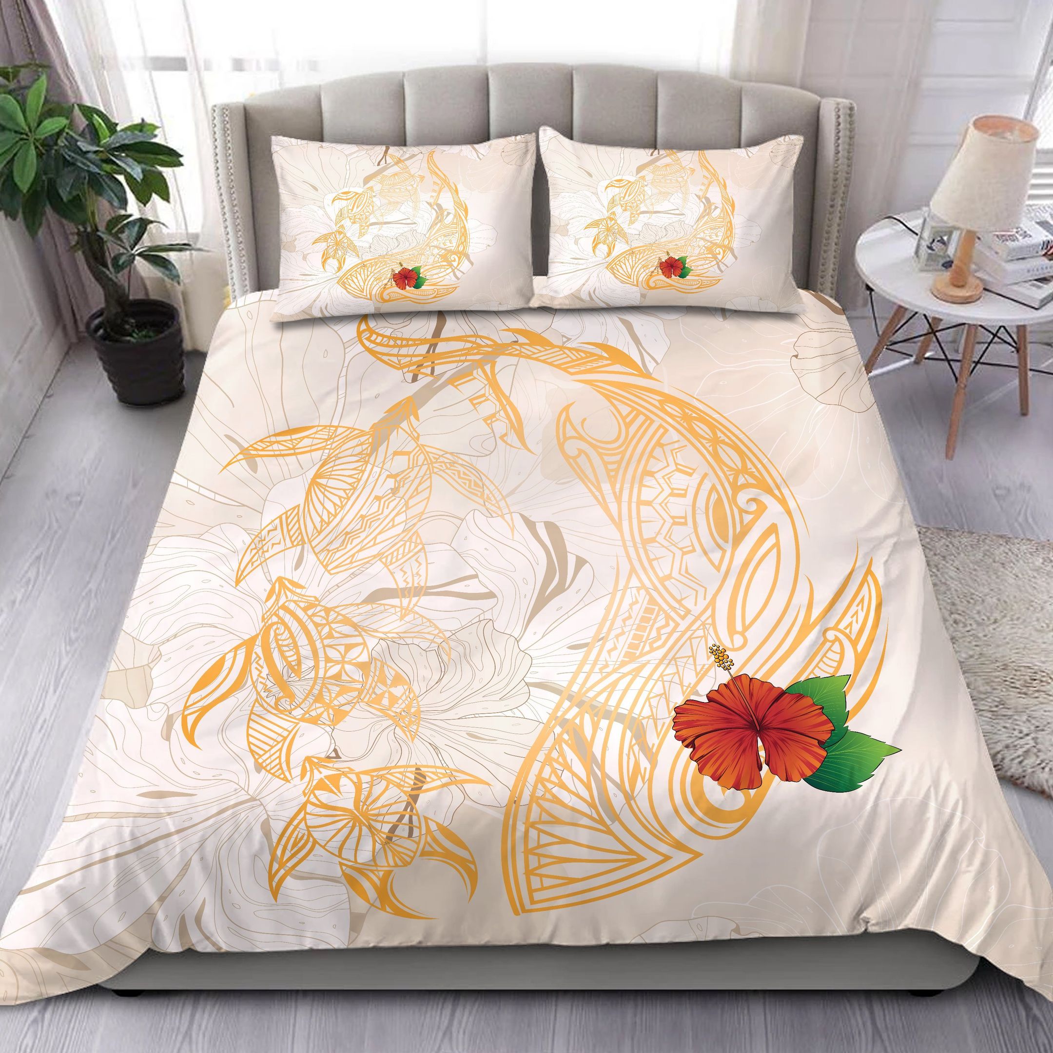 Hawaii Dancing Turtles And Sharks Hibiscus Background Bedding Set