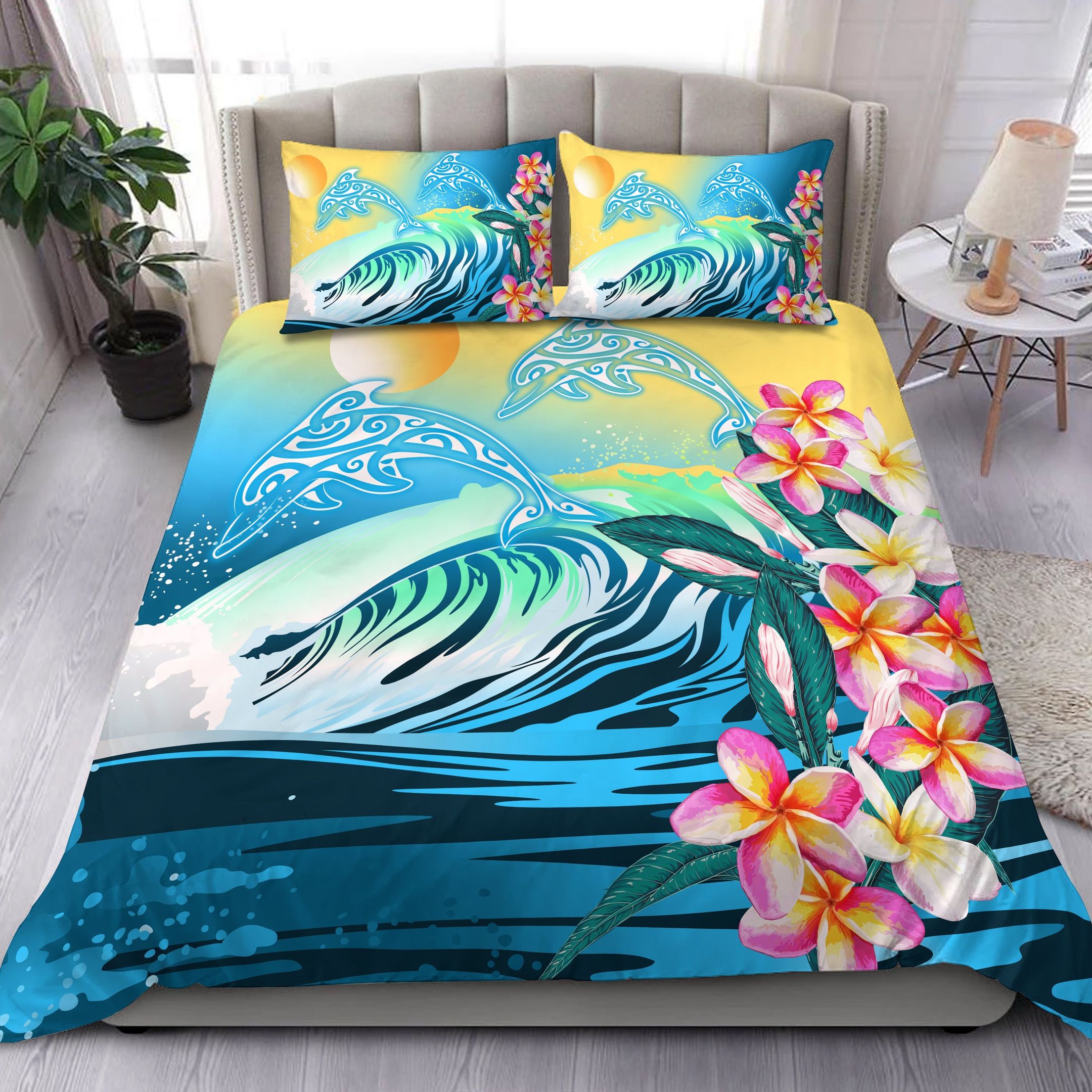 Hawaii Dolphin Plumeria Surfing Polynesian Muriel Style Bedding Set