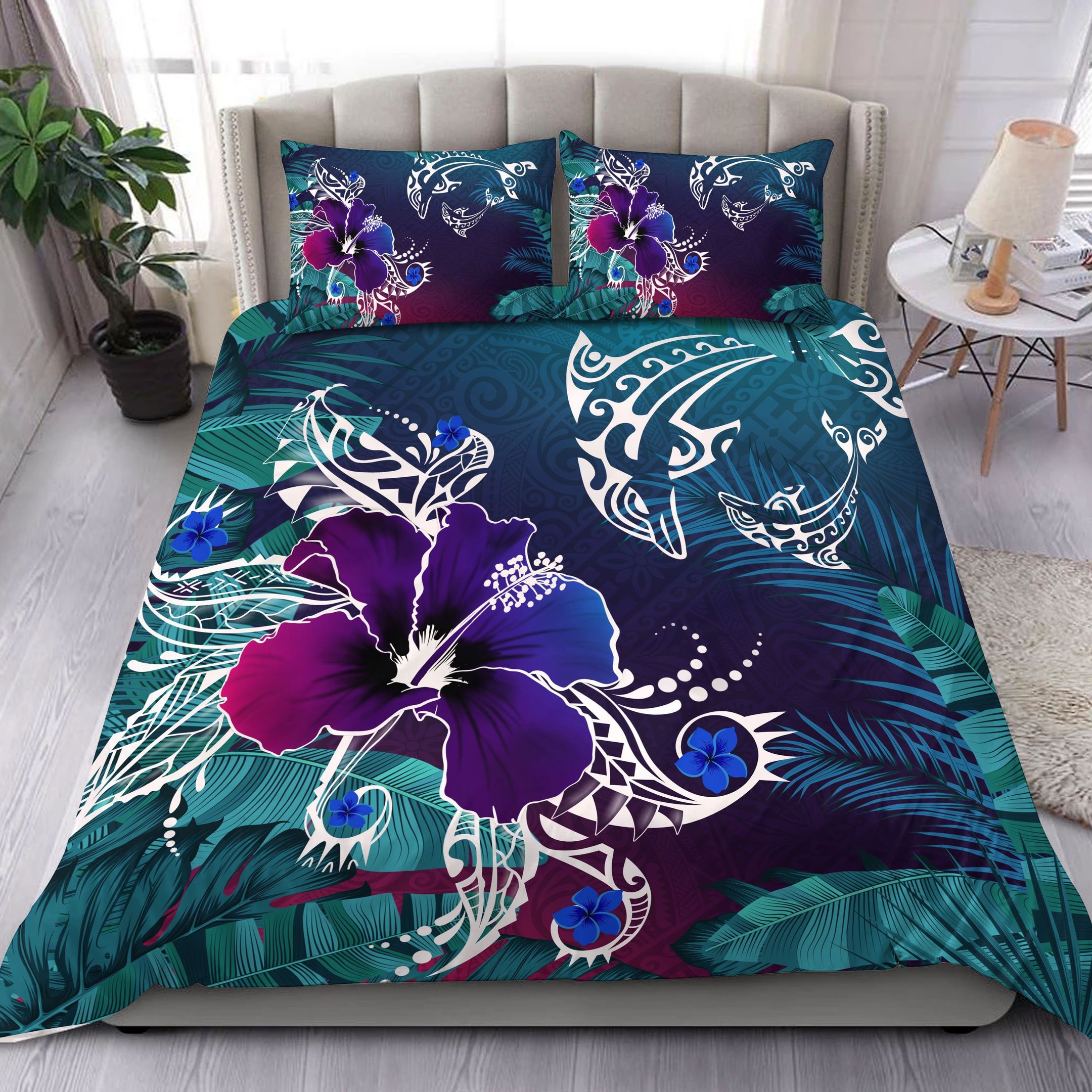 Hawaii Dophin Flowers And Palms Retro Bedding Set