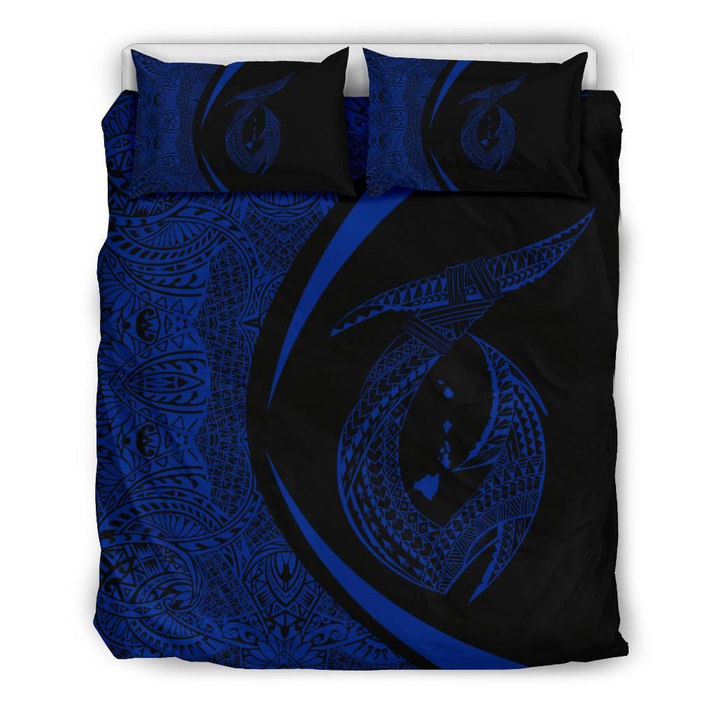 Hawaii Fish Hook Polynesian Circle Style Black Blue Bedding Set
