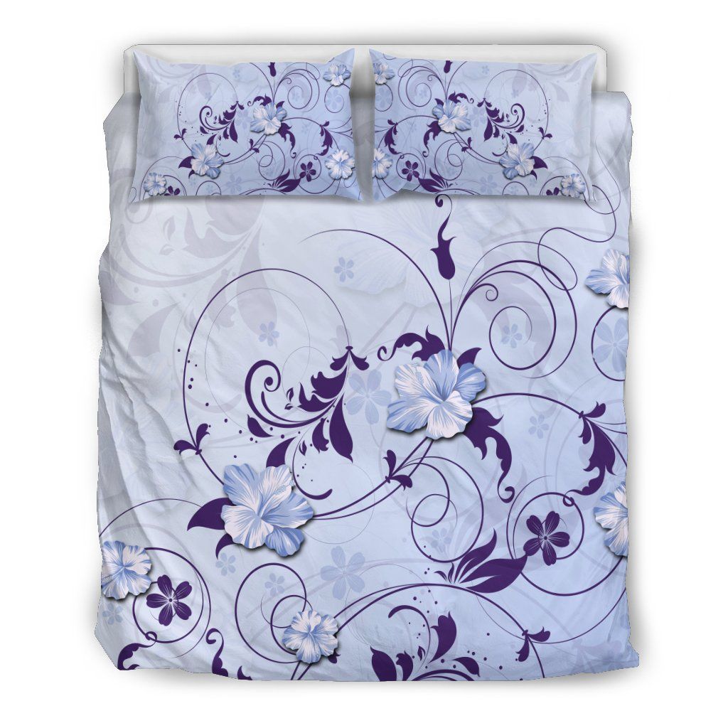 Hawaii Hibiscus Pattern Blue And White Bedding Set