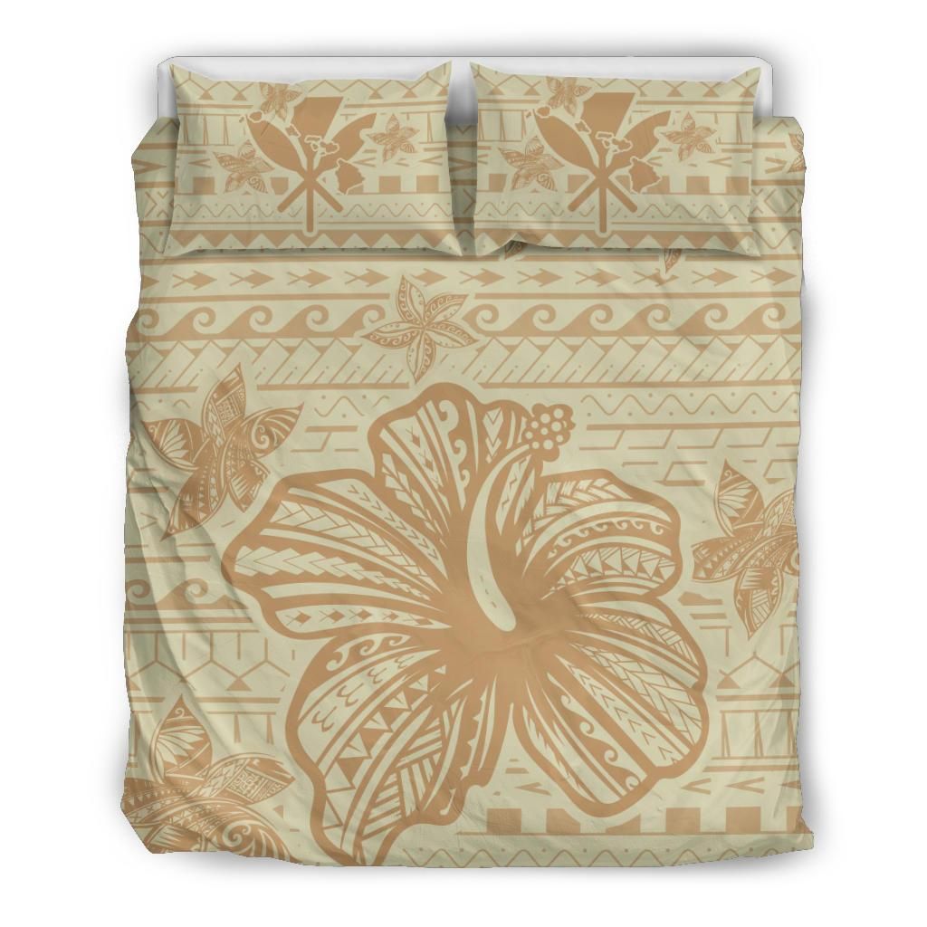 Hawaii Hibiscus Plumeria Kanaka Polynesian Vintage Beige Bedding Set
