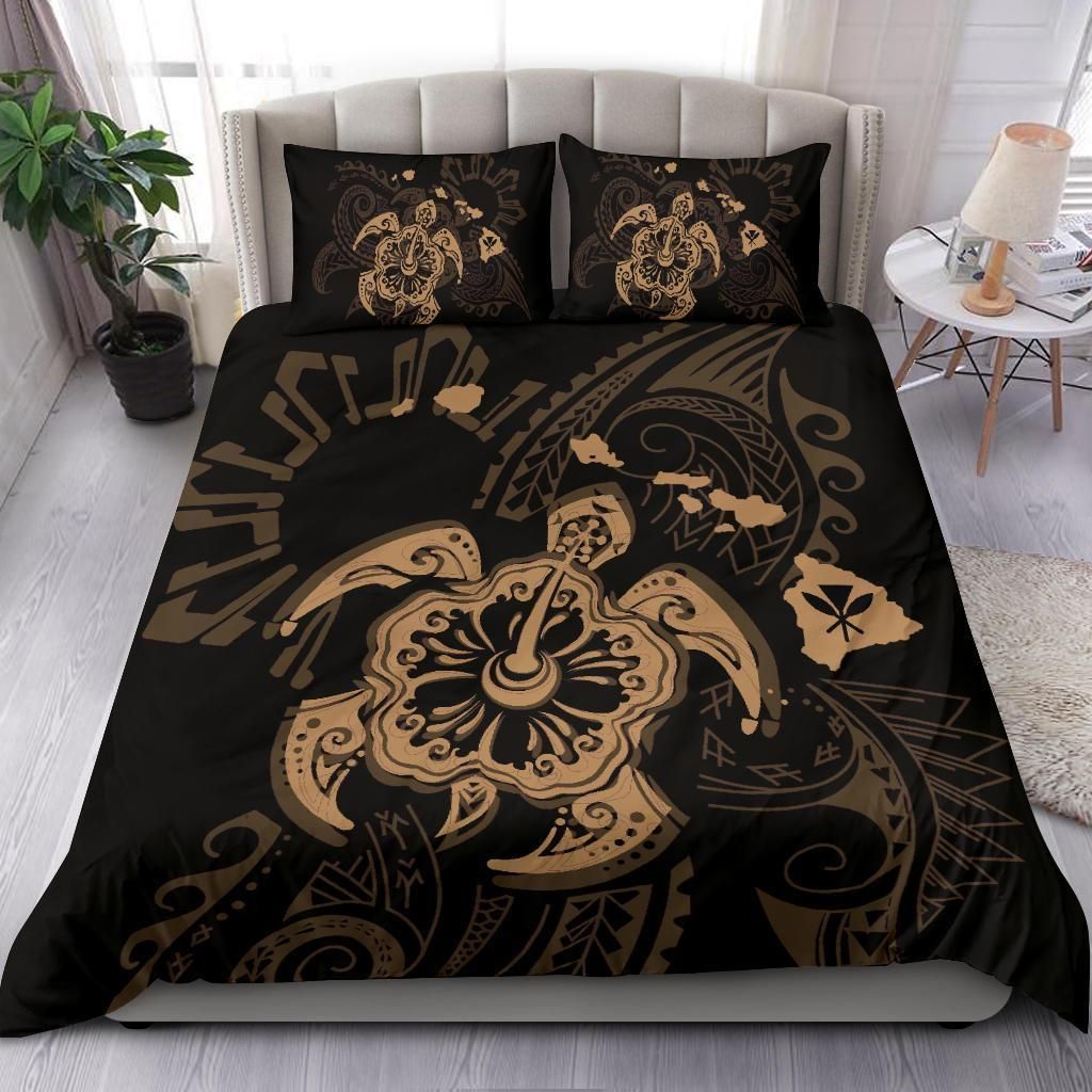 Hawaii Hibiscus Turtle Map Gold Bedding Set