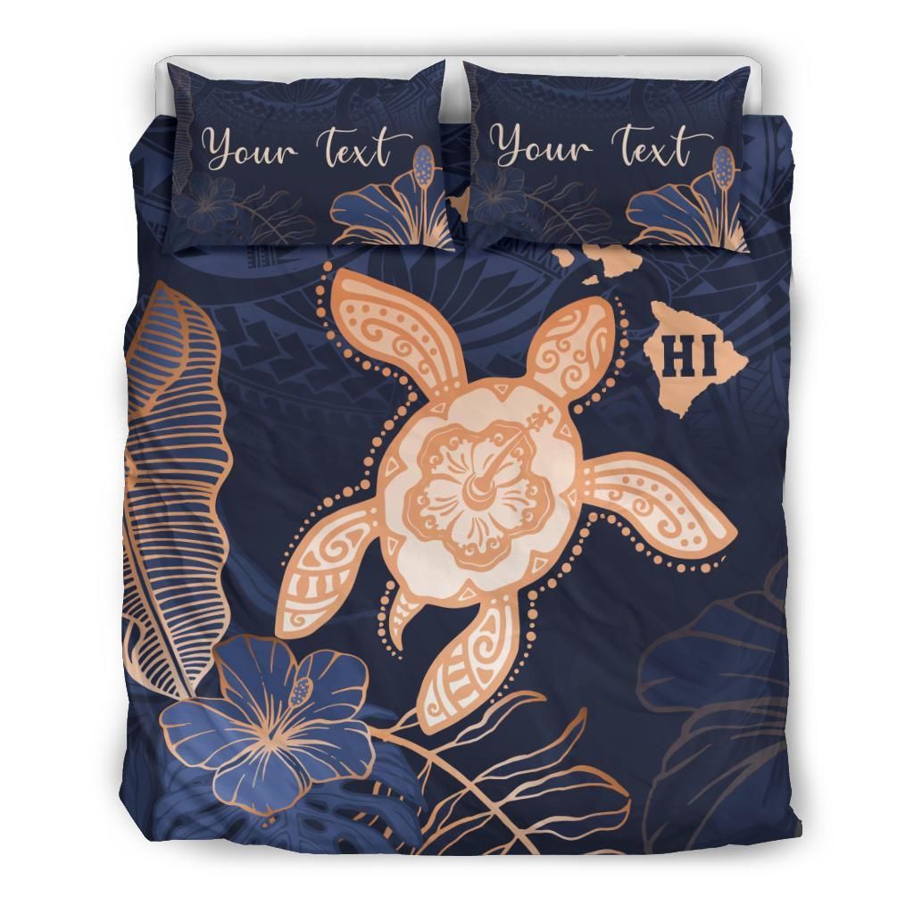 Hawaii Kakau Polynesian Turtle Map Indigo Custom Name Bedding Set