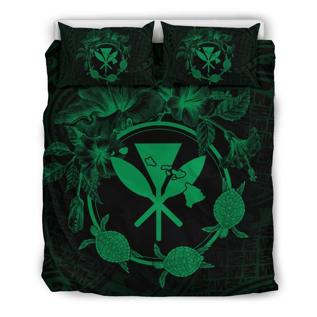 Hawaii Kanaka Turtle Hibiscus Polynesian Anthea Style Green Bedding Set