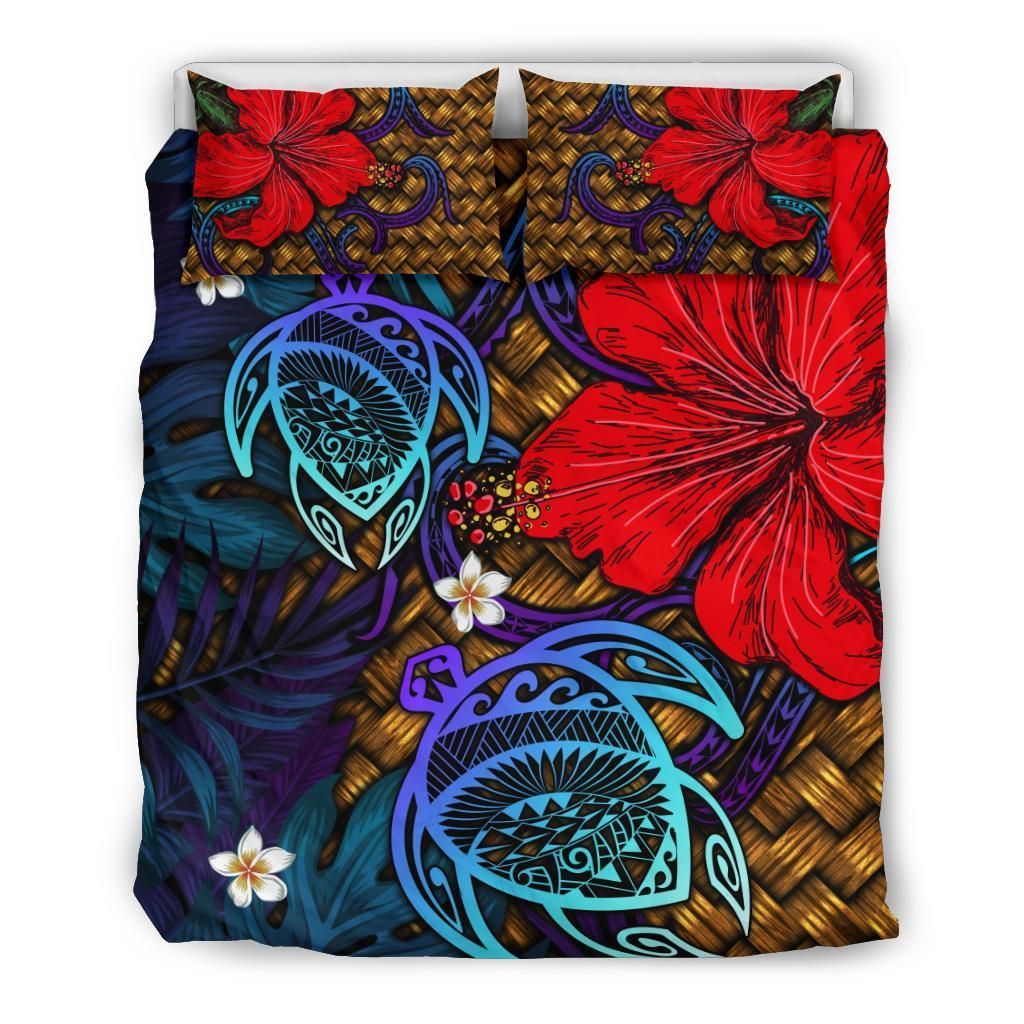 Hawaii Lauhala Hibiscus Polynesian Tropical Blue Wake Style Bedding Set