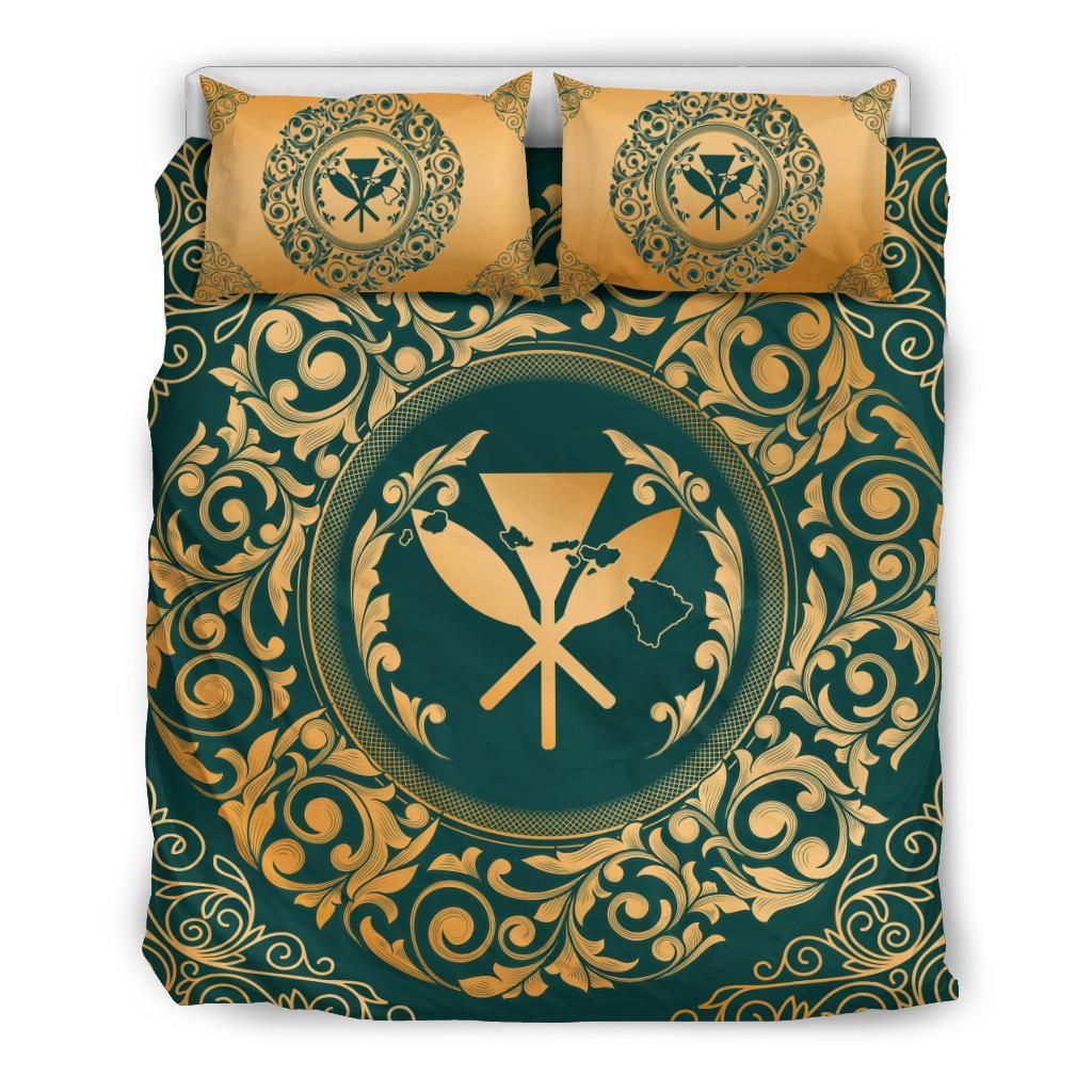 Hawaii Map Classic Floral Dark Green Bedding Set