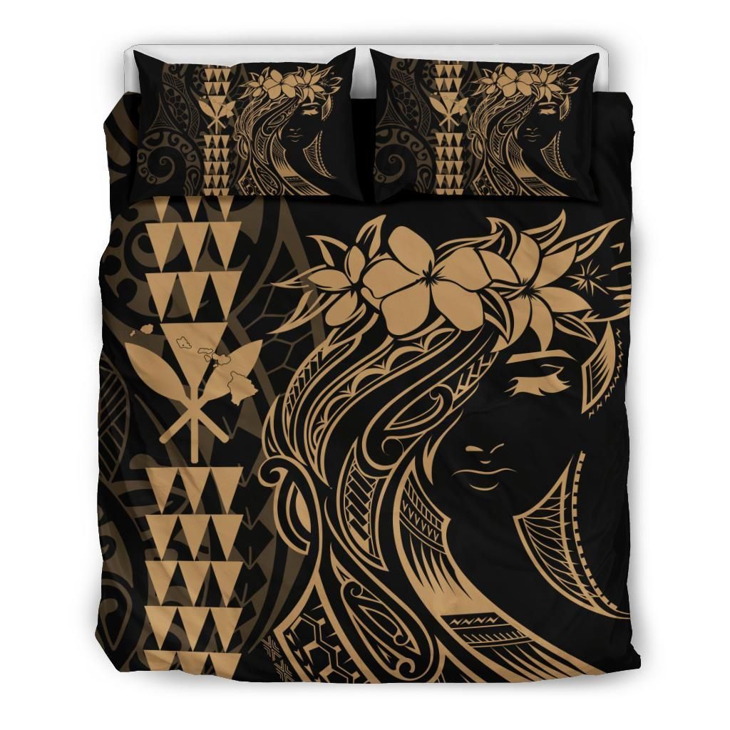 Hawaii Map Kanaka Polynesian Hula Girl Gold Bedding Set