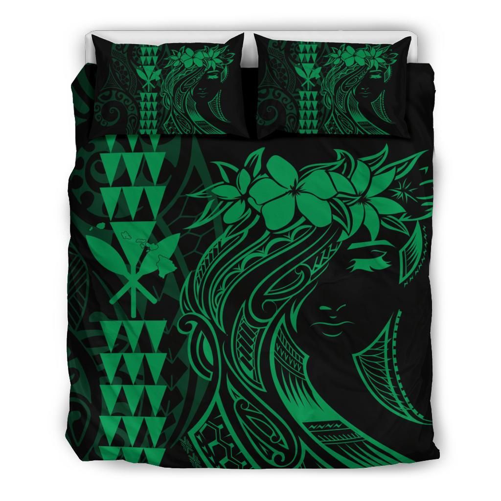 Hawaii Map Kanaka Polynesian Hula Girl Green Bedding Set