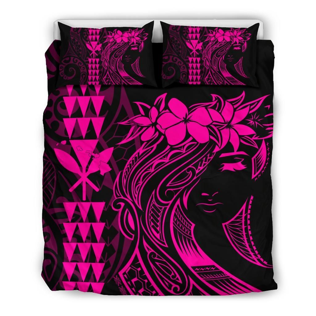 Hawaii Map Kanaka Polynesian Hula Girl Pink Bedding Set