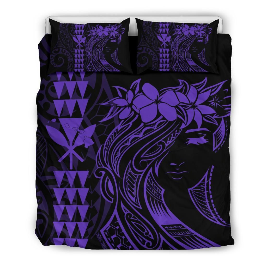 Hawaii Map Kanaka Polynesian Hula Girl Purple Bedding Set
