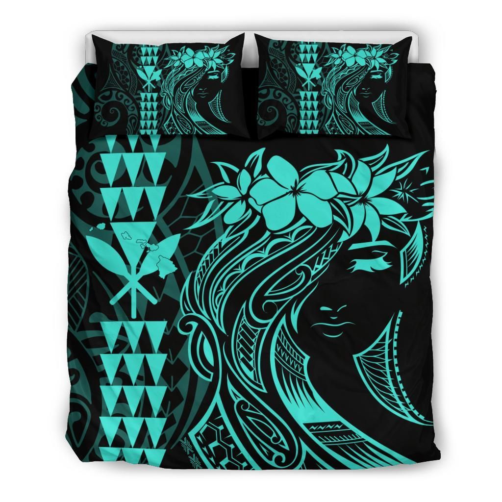 Hawaii Map Kanaka Polynesian Hula Girl Turquoise Bedding Set