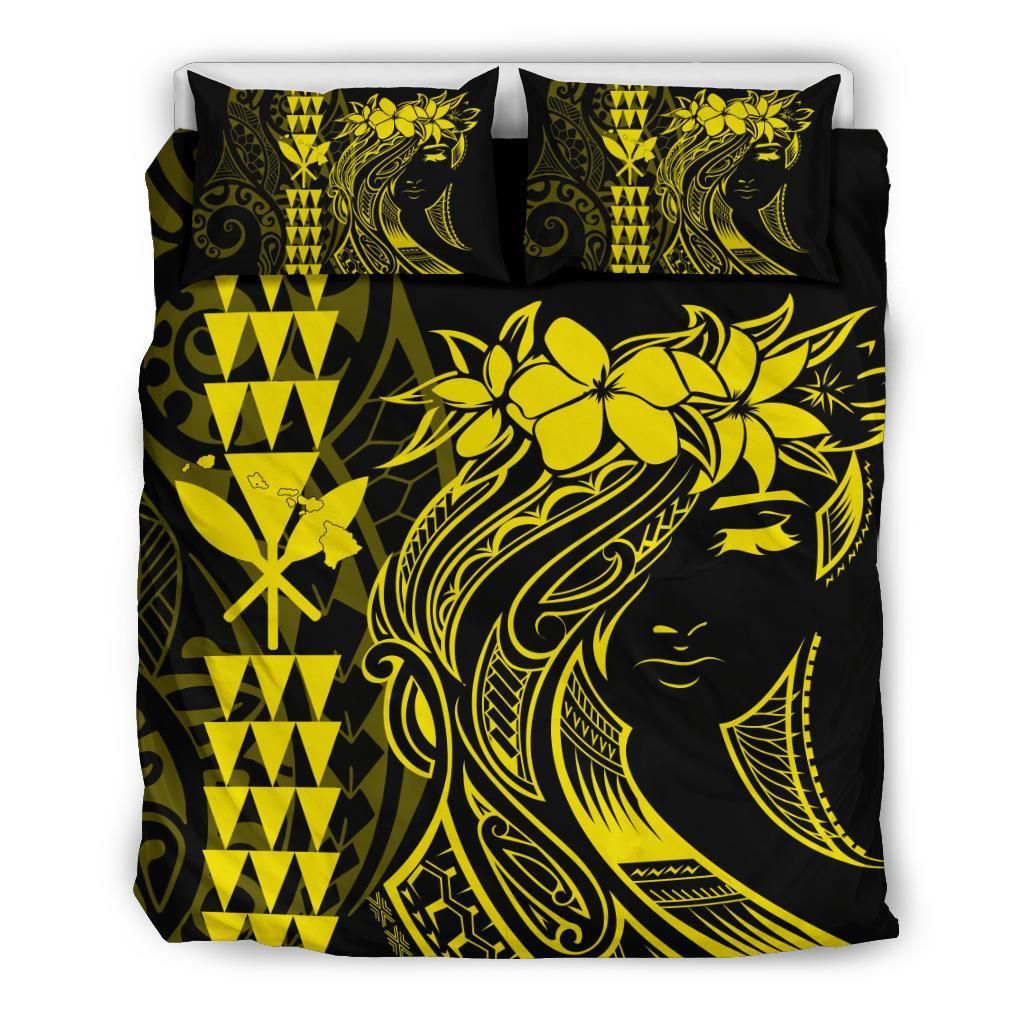 Hawaii Map Kanaka Polynesian Hula Girl Yellow Bedding Set