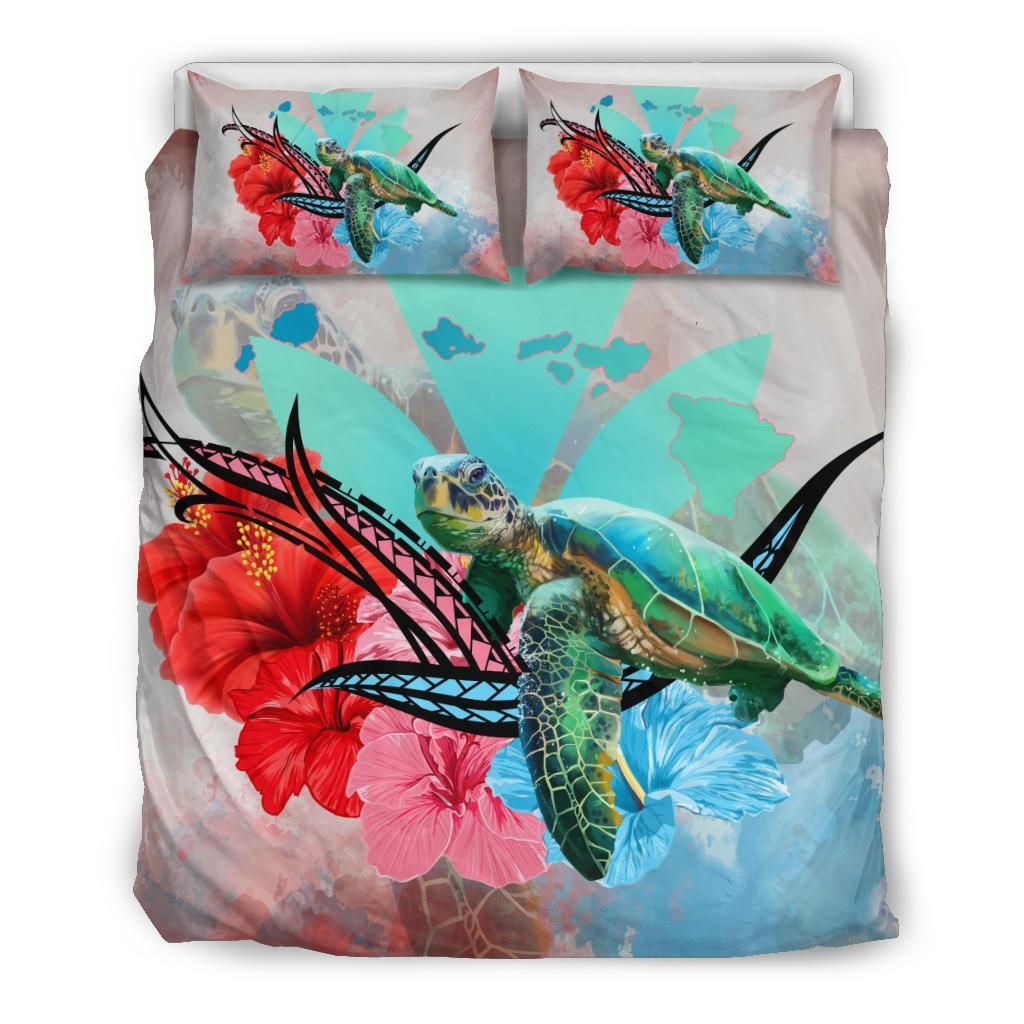 Hawaii Map Kanaka Sea Turtle Hibiscus Blue Pink Bedding Set