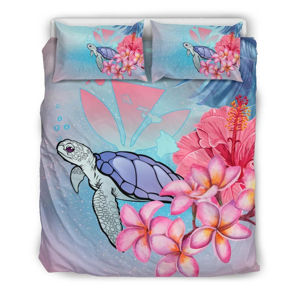 Hawaii Map Kanaka Turtle Galaxy Night Plumeria Hibiscus Bedding Set