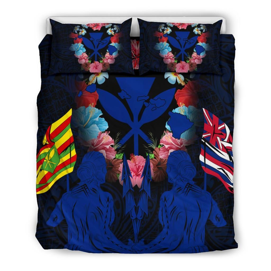 Hawaii Map Kanaka Two Men Holding Flag Blue Bedding Set