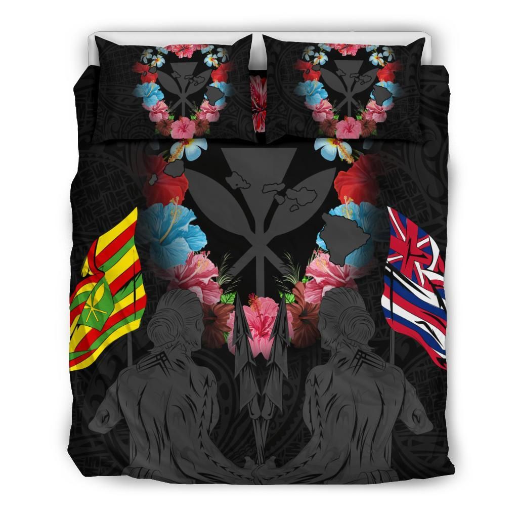 Hawaii Map Kanaka Two Men Holding Flag Grey Bedding Set