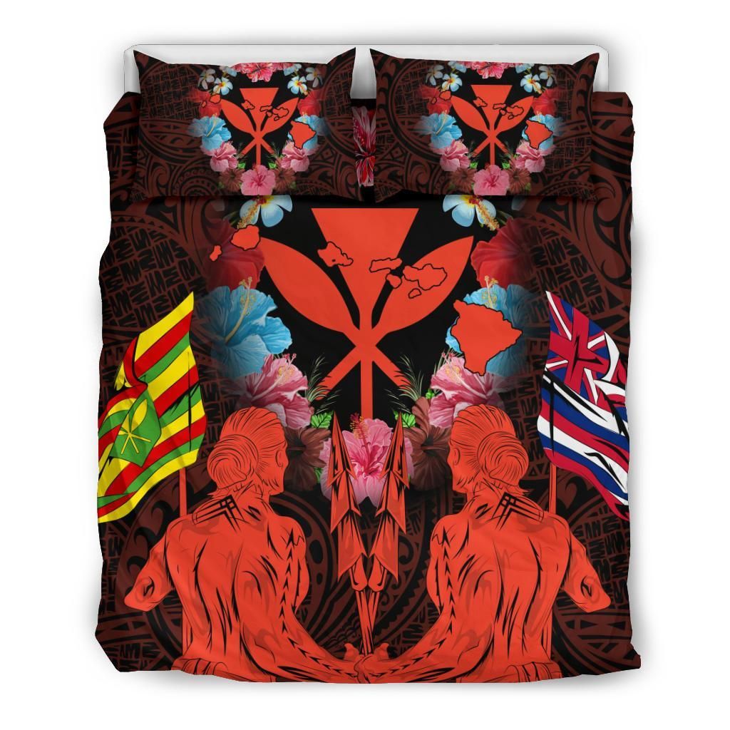 Hawaii Map Kanaka Two Men Holding Flag Orange Bedding Set