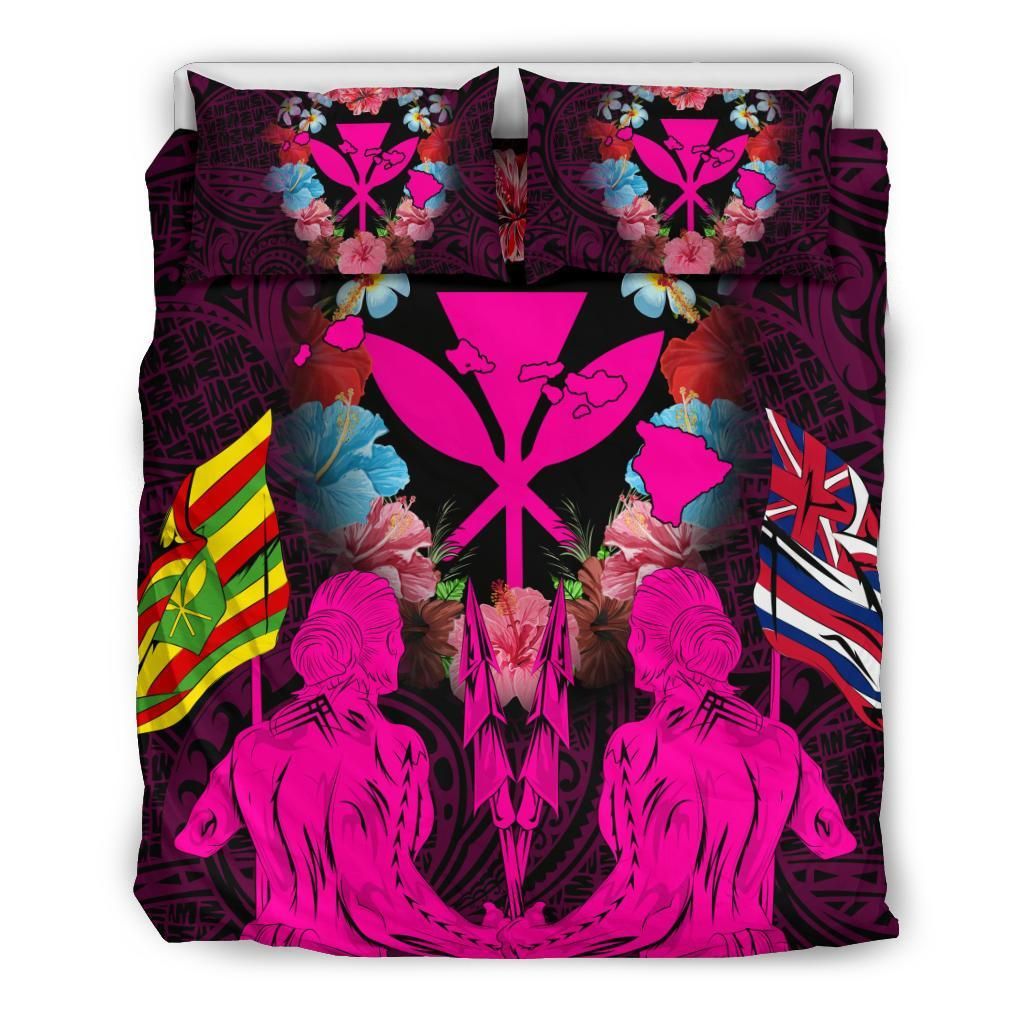 Hawaii Map Kanaka Two Men Holding Flag Pink Bedding Set