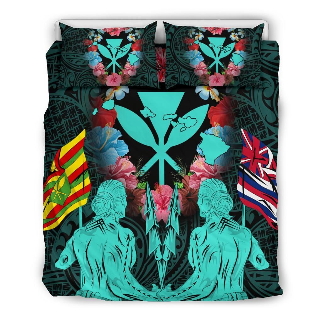 Hawaii Map Kanaka Two Men Holding Flag Turquoise Bedding Set