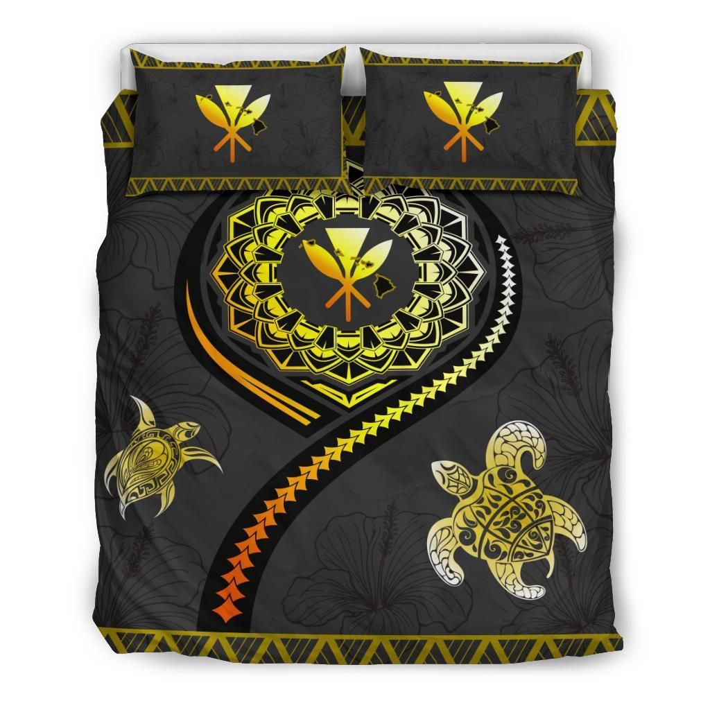 Hawaii Map Polynesian Turtle Hibiscus Gold Bedding Set