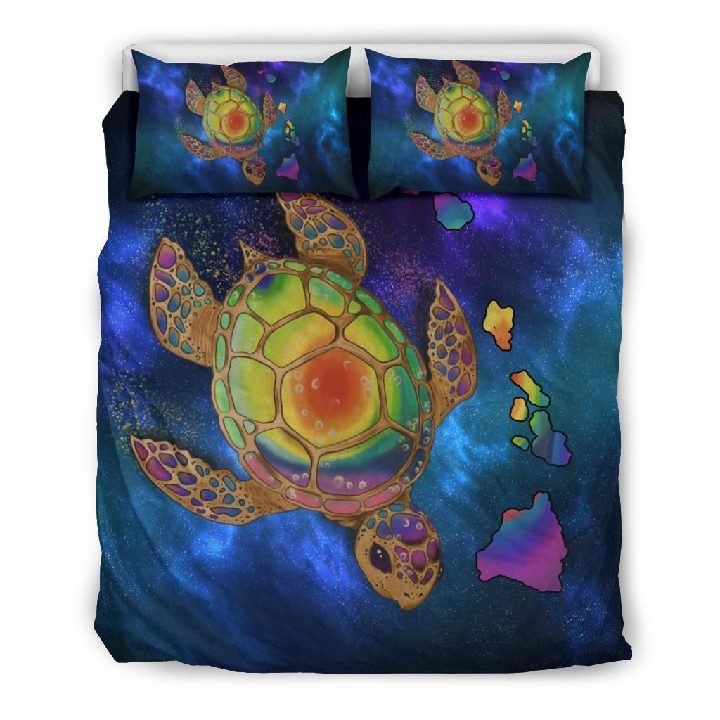 Hawaii Map Turtle Galaxy Dark Blue Bedding Set