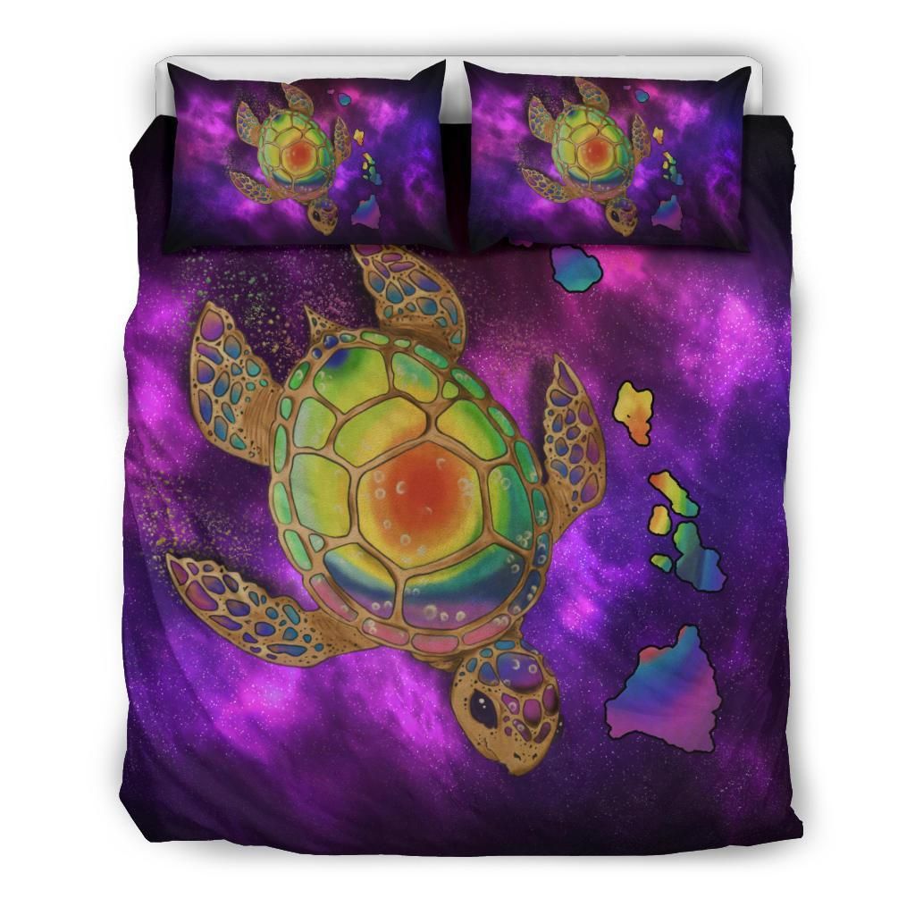 Hawaii Map Turtle Galaxy Purple Bedding Set