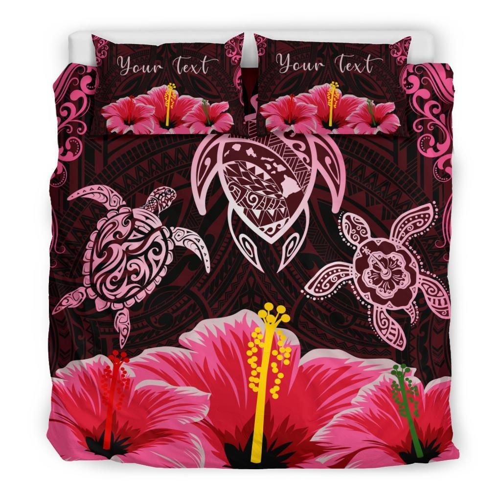 Hawaii Map Turtle Hibiscus Polynesian Luxury Honu Ohana Pink Custom Name Bedding Set