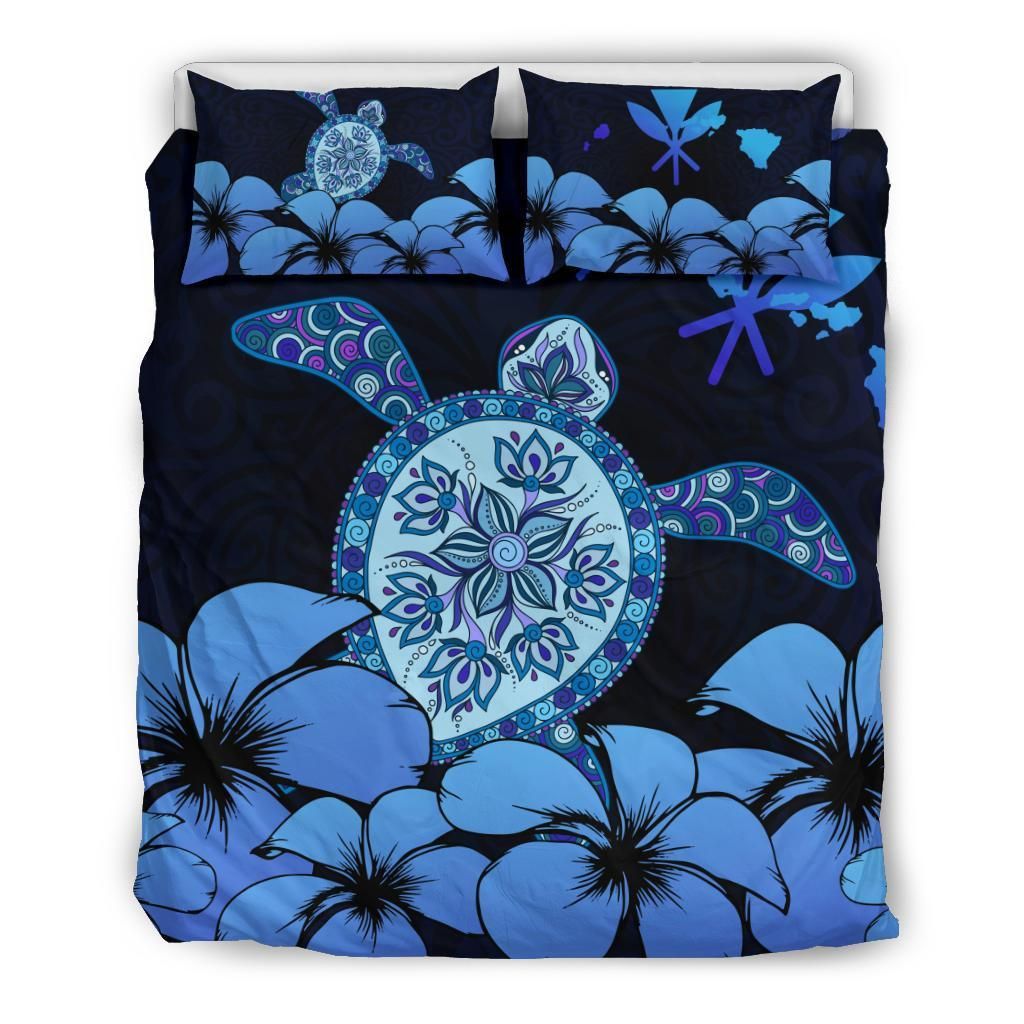 Hawaii Map Turtle Plumeria Blue Bedding Set