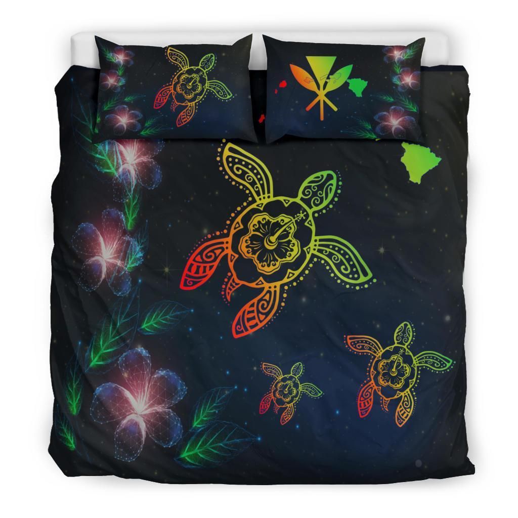Hawaii Map Turtle Plumeria Galaxy Dark Blue Bedding Set