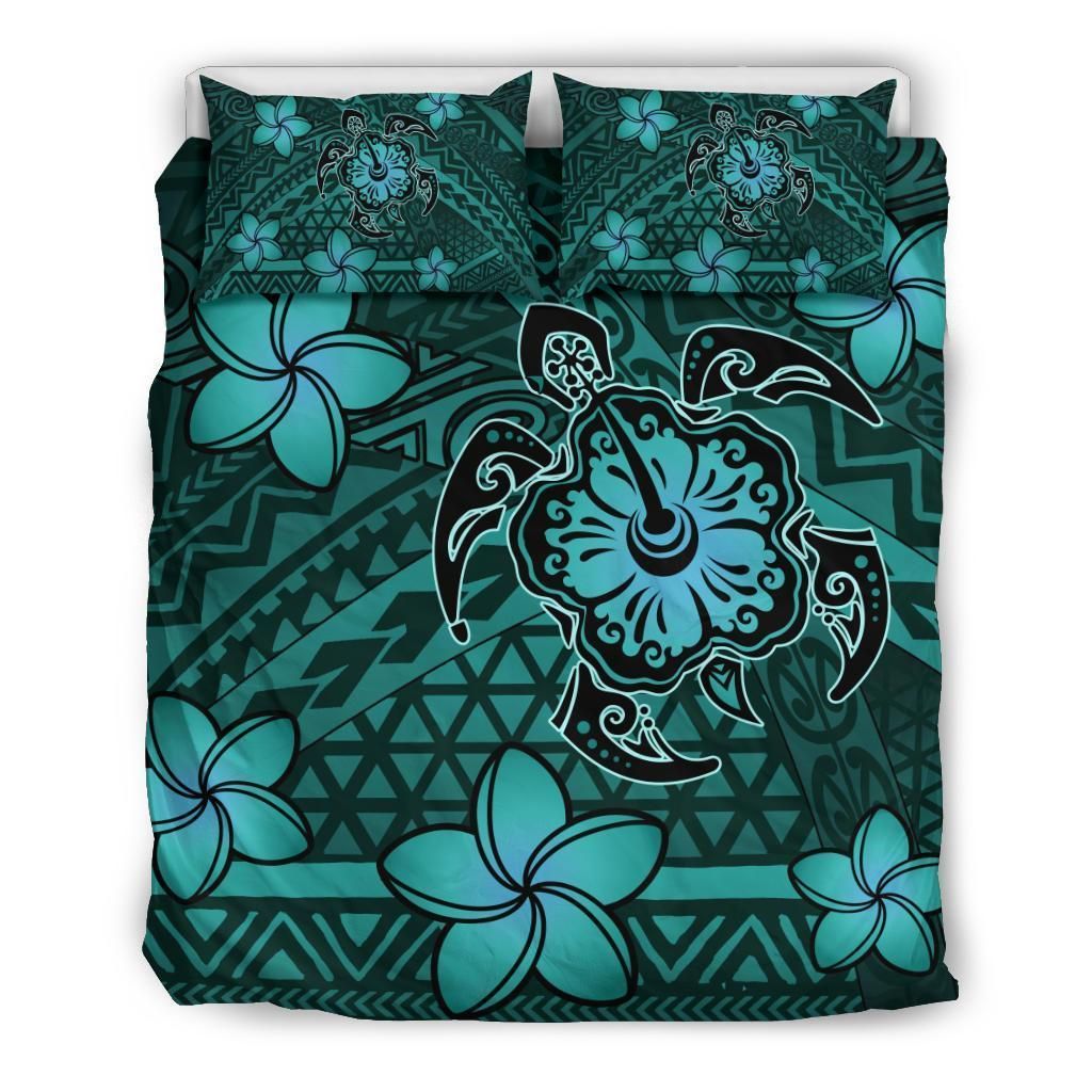 Hawaii Mix Polynesian Turtle Plumeria Nick Style Turquoise Bedding Set
