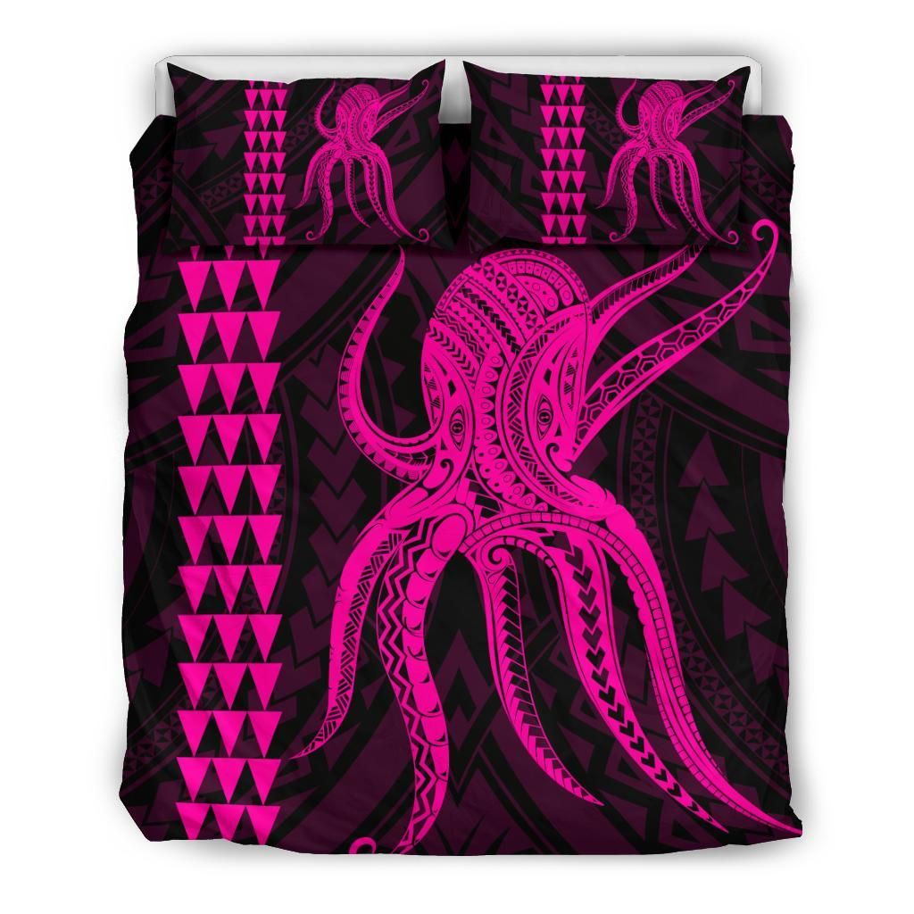 Hawaii Octopus Kakau Polynesian Dark Pink Bedding Set