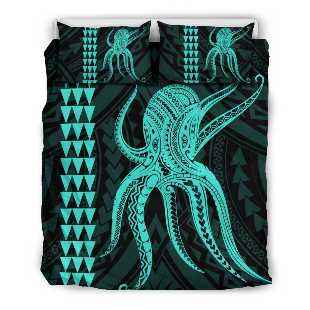 Hawaii Octopus Kakau Polynesian Turquoise Bedding Set