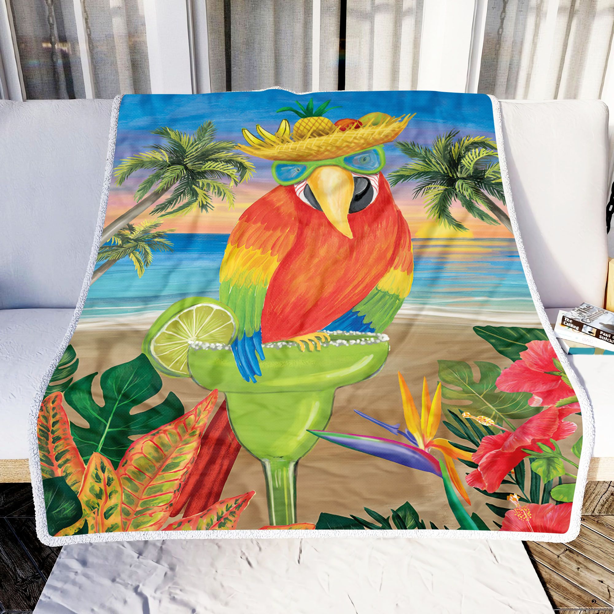 Hawaii Parrot Cocktail On The Beach Fleece Blanket